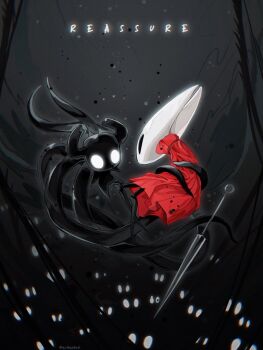 1girl black_eyes black_skin blank_eyes carrying cloak colored_skin english_text glowing glowing_eyes half-siblings hightguy holding hollow_knight hollow_knight:_silksong horned_mask hornet_(hollow_knight) horns knight_(hollow_knight) looking_at_another mask multiple_others needle_(hollow_knight) red_cloak spoilers tentacles weapon white_eyes white_mask