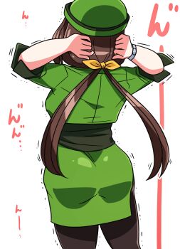 1girl absurdres ass bowler_hat brown_hair brown_pantyhose commentary_request formal_clothes from_behind green_hat green_jacket green_skirt hat hayakawa_tazuna highres jacket kaijin_debeso long_sleeves pantyhose pencil_skirt plump side_slit skirt skirt_suit solo split_ponytail stretching suit tight_clothes translation_request umamusume