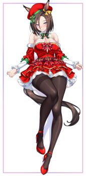 1girl absurdres air_groove_(umamusume) animal_ears bare_shoulders black_pantyhose blue_eyes blush bow bowtie breasts brown_hair brown_tail christmas cleavage closed_mouth commentary_request detached_sleeves dress full_body fur-trimmed_sleeves fur_trim green_bow green_bowtie hat high_heels highres horse_ears horse_girl horse_tail horseshoe_ornament large_breasts looking_at_viewer pantyhose red_bow red_bowtie red_hat red_shoes red_sleeves santa_costume santa_dress santa_hat shirokuma_a shoes short_hair simple_background smile solo striped_bow striped_bowtie striped_clothes tail umamusume white_background