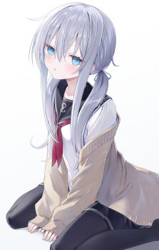 1girl alternate_hairstyle anchor_symbol black_sailor_collar black_skirt black_thighhighs blue_bow blue_eyes blush bow brown_cardigan cardigan collarbone commentary from_side grey_hair hair_between_eyes hair_bow hair_over_shoulder hair_ribbon hibiki_(kancolle) highres kantai_collection long_hair long_sidelocks long_sleeves looking_at_viewer low_twintails neckerchief open_cardigan open_clothes parted_lips pleated_skirt red_neckerchief ribbon sailor_collar shadow shikuro_(iorimiyakiyo) shirt sidelocks simple_background sitting skirt sleeves_past_wrists solo thighhighs twintails white_background white_shirt