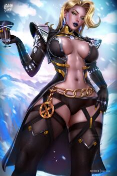 1girl absurdres black_gloves black_lips black_thighhighs blonde_hair blue_eyes breasts chain cleavage cup diamond_(gemstone) diamond_earrings earrings emma_frost emma_frost_(x-revolution) eyeshadow gloves gold_chain gold_nails highres holding holding_cup jewelry large_breasts logan_cure looking_at_viewer makeup marvel marvel_rivals medium_hair multicolored_bodysuit navel official_alternate_costume solo stomach superhero_costume thick_thighs thighhighs thighs two-tone_bodysuit x-men yellow_eyeshadow