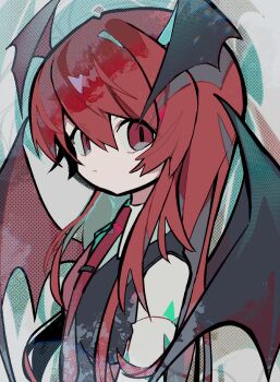 1girl bat_wings black_vest black_wings closed_mouth collared_shirt hair_between_eyes head_wings highres koakuma long_hair long_sleeves looking_at_viewer necktie red_eyes red_hair red_necktie red_wings shirt slit_pupils solo soresaki touhou upper_body vest white_shirt wings