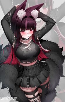 1girl :p absurdres animal_ear_fluff animal_ears arms_up asymmetrical_legwear bandaid bandaid_on_face bandaid_on_nose black_choker black_shirt black_skirt black_tail black_thighhighs blunt_bangs blush breasts choker cleavage closed_mouth commentary_request crop_top earrings facial_mark fishnet_thighhighs fishnets hair_intakes heart heart_choker highres jewelry jururu korean_commentary korean_text large_breasts long_sleeves looking_ahead miniskirt mismatched_legwear mole mole_on_breast multicolored_hair multiple_tails navel pink_eyes red_hair shirt simple_background single_earring single_fishnet_legwear skirt solo standing star_(symbol) star_facial_mark strap streaked_hair tail thighhighs thighs tongue tongue_out torn_clothes torn_shirt torn_skirt torn_thighhighs virtual_youtuber waktaverse white_background yeon_do_e zoom_layer