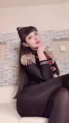 1girl adapted_costume animated asian ass audible_music black_gloves black_hair black_leotard breasts crossed_legs curvy gloves hat highleg highleg_leotard highres huge_ass japanese_(nationality) leotard lips long_hair looking_at_viewer military military_uniform model naughty_face pantyhose photo_(medium) ririkana sitting small_breasts solo sound standing tagme thighhighs thong_leotard video walking