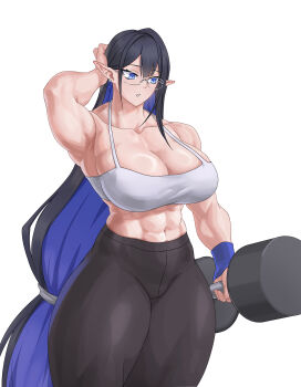 1girl abs absurdres alternate_muscle_size armband bare_shoulders biceps black_hair blue_archive blue_armband blue_hair breasts cleavage collarbone colored_inner_hair commission crop_top cursna dumbbell exercising eyeliner glasses highres large_breasts leggings long_hair makeup midriff multicolored_hair muscular muscular_female navel obliques pants pixiv_commission pointy_ears rimless_eyewear rin_(blue_archive) solo sports_bra stomach tall_female thick_thighs thighs weightlifting white_sports_bra yoga_pants
