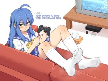 1girl :3 ahoge blue_hair blue_nails blue_sailor_collar blush bow bowtie closed_mouth commentary controller couch crt english_commentary english_text feet foreshortening full_body game_console game_controller green_eyes hair_between_eyes hands_up holding holding_controller holding_game_controller izumi_konata knees_up legs long_hair lucky_star lululewd miniskirt mole mole_under_eye no_shoes on_couch playstation_2 playstation_controller pleated_skirt pointing ryouou_school_uniform sailor_collar school_uniform serafuku sidelocks skirt smell socks soles solo star_wars steaming_body tissue_box toes white_socks yellow_bow yellow_bowtie