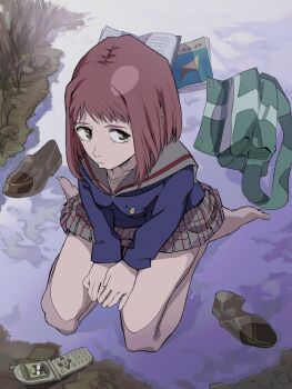 Rule 34 | backpack, bag, barefoot, black cat, book, brown eyes, brown footwear, cat, cellphone, feet, flcl, grass, highres, phone, pink punk ponk, red hair, rock, sad, sailor collar, samejima mamimi, sand, skirt, takkun (flcl), toes, water
