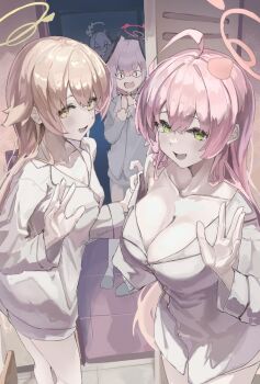 <|>_<|> 4girls blue_archive breasts collarbone commentary dot_nose english_commentary feathered_wings green_eyes hair_between_eyes halo hanako_(blue_archive) hanako_(swimsuit)_(blue_archive) head_wings hifumi_(blue_archive) highres hoshino_(blue_archive) koharu_(blue_archive) large_breasts lazyramen long_hair long_sleeves looking_at_viewer multiple_girls o_o open_mouth pajamas pink_eyes pink_hair pink_halo wings yellow_eyes