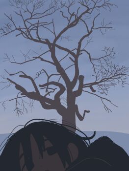 Rule 34 | 1girl, absurdres, bare tree, black eyes, black hair, black hoodie, commentary request, dawn, dot nose, expressionless, highres, hood, hood down, hoodie, horizon, morning, muji (uimss), no lineart, original, outdoors, sky, tree