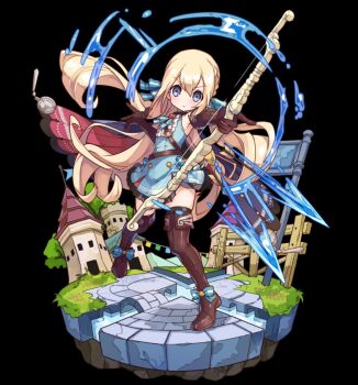 1girl arrow_(projectile) belt black_background blonde_hair blue_bow blue_dress blue_eyes boots bow bow_(weapon) bowtie brown_belt brown_boots brown_gloves building child cloak closed_mouth dress elbow_gloves fence firing flat_chest full_body gloves grass hair_between_eyes hair_bow highres holding holding_bow_(weapon) holding_weapon juilia_(merc_storia) long_hair merc_storia merc_storia_art_team official_art open_hand outstretched_arm short_dress sidelocks simple_background sleeveless sleeveless_dress solo standing stone_floor striped_bow tachi-e thigh_boots thighs tree v-shaped_eyebrows very_long_hair water weapon wooden_fence