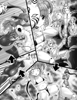 2girls absurdres bikini black_bodysuit bodystocking bodysuit breasts check_commentary clone commentary commentary_request defeat doll_joints fox_mask greyscale highres impossible_bodysuit impossible_clothes joints large_breasts mask mesugaki micro_bikini monochrome multiple_girls mutsukaze_rinon nakiriyo_suzuhi ninja official_art punching ran_(yamatoagu) revealing_clothes ryona sequential small_breasts smile stomach_punch swimsuit vomit vomiting yoshibari_aubade