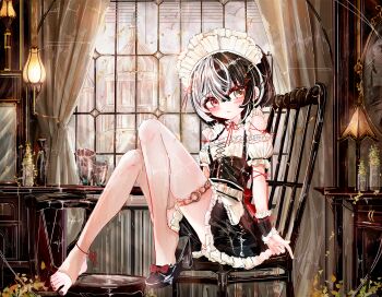 Rule 34 | 1girl, a1u, absurdres, barefoot, black dress, black hair, blush, breasts, chair, closed mouth, commentary request, detached sleeves, dress, heterochromia, high heels, highres, indoors, maid, maid headdress, multicolored hair, nail polish, on chair, original, puffy short sleeves, puffy sleeves, red eyes, red nails, shoes, short sleeves, single shoe, sitting, small breasts, solo, split-color hair, stirrup legwear, thighhighs, toeless legwear, toenail polish, toenails, toes, white hair, white thighhighs