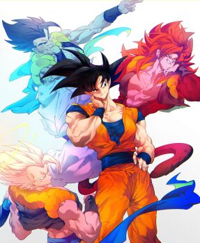 black_hair blue_eyes blue_sash closed_mouth dougi dragon_ball dragon_ball_gt dragon_ball_super dragon_ball_super_broly dragonball_z gogeta highres long_hair male_focus metamoran_vest monkey_boy monkey_tail multiple_boys muscular muscular_male ommmyoh open_mouth pants red_fur saiyan sash smile son_goku spiked_hair super_saiyan super_saiyan_1 super_saiyan_4 tail twitter_username