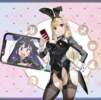 1girl animal_ear_hairband animal_ears barbell_piercing black_hair black_nails blonde_hair blue_eyes breasts cellphone earrings fake_animal_ears grin hairband hand_on_own_hip holding holding_phone izayoi_arisa jewelry kitagawa_marin long_hair medium_breasts nyoro_(nyoronyoro000) phone piercing playboy_bunny rabbit_ear_hairband rabbit_ears red_eyes ring smartphone smile solo sono_bisque_doll_wa_koi_wo_suru tailcoat tailcoat_playboy_bunny thighhighs very_long_hair