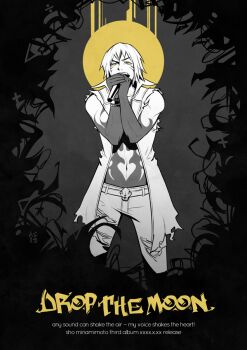 1boy belt commentary driftwoodwolf english_commentary english_text facial_mark holding holding_microphone jacket looking_at_viewer male_focus microphone minamimoto_sho monochrome navel open_clothes open_jacket open_mouth pants solo subarashiki_kono_sekai teeth torn_clothes torn_pants