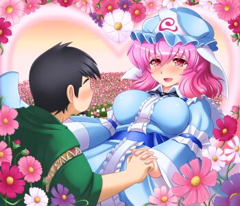 1boy 1girl artist_self-insert bad_id bad_pixiv_id beard black_hair breasts couple facial_hair field flower flower_field ghost hat hetero japanese_clothes large_breasts obi pink_eyes pink_hair saigyouji_yuyuko sash shin'en-san_(shin'en) shin'en_(gyokuro_company) short_hair smile tattoo touhou triangular_headpiece