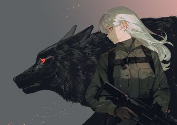 1girl absurdres belt_buckle breast_pocket brown_gloves buckle chest_harness closed_mouth gloves gradient_background gun harness highres holding holding_gun holding_weapon long_hair looking_to_the_side original pocket profile red_eyes sak_orz snap-fit_buckle solo upper_body weapon white_hair wolf