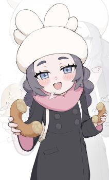 1girl :d ansha_(pokemon) black_coat blush breath coat commentary donut eyelashes food grey_eyes happy hat highres holding holding_food long_hair long_sleeves looking_at_viewer nintendo open_mouth pink_scarf pokemon pokemon_legends:_z-a scarf smile solo teeth upper_teeth_only white_background white_hat yukiho_(69865456)