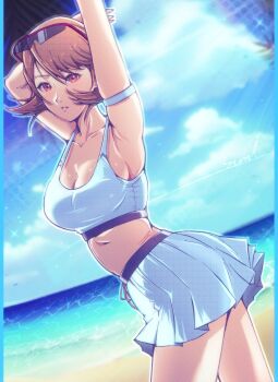 1girl arm_behind_head arm_strap armpits arms_up blue_sky blush breasts brown_eyes brown_hair cleavage cloud cloudy_sky collarbone commentary_request corner50777313 cowboy_shot day earrings eyewear_on_head flipped_hair highres horizon jewelry looking_at_viewer medium_breasts midriff ocean outdoors parted_lips persona persona_3 pink_lips sand short_hair signature skirt sky solo sports_bra stud_earrings sun_glare sunglasses swept_bangs takeba_yukari white_skirt white_sports_bra