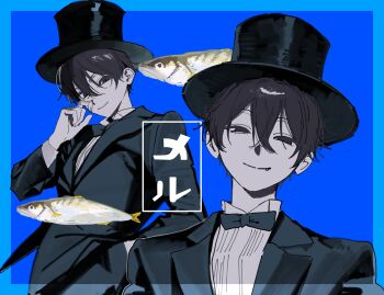 black_bow black_bowtie black_eyes black_hair black_jacket black_suit blue_background border bow bowtie closed_mouth fang fish formal_clothes hair_between_eyes hat highres jack_mackerel jacket long_sleeves looking_at_viewer male_focus ml_rmi multiple_views original shirt short_hair smile suit surreal top_hat traditional_bowtie tuxedo upper_body white_shirt