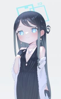 1girl absurdres aris_(blue_archive) black_hair blue_archive blue_eyes blush captaintcher dress earrings flat_chest gloves halo highres jewelry long_hair necklace smile solo very_long_hair