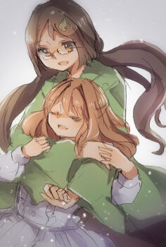 Rule 34 | 2girls, behind another, brown hair, closed eyes, commentary request, frilled nightgown, futatsuiwa mamizou, futatsuiwa mamizou (human), glasses, green kimono, hair ornament, hair undone, highres, japanese clothes, kimono, leaf hair ornament, long hair, motoori kosuzu, multiple girls, nightgown, orange hair, shukinuko, sleeping, touhou, upper body, very long hair