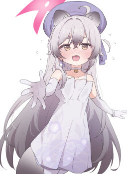 1girl absurdres animal_ears bell blue_archive blue_hat blush brown_eyes choker dress elbow_gloves fang flying_sweatdrops gloves grey_hair halo hat highres jingle_bell long_hair looking_at_viewer michiru_(blue_archive) michiru_(dress)_(blue_archive) neck_bell o_otomaru official_alternate_costume open_mouth pink_halo raccoon_ears raccoon_girl raccoon_tail simple_background skin_fang solo tail thick_eyebrows very_long_hair white_background white_choker white_dress white_gloves
