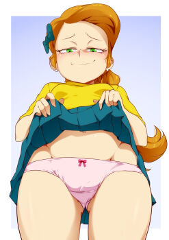 1girl blouse blue_skirt blush border bow bow_panties braid breasts brown_hair closed_mouth clothes_lift cowboy_shot earrings eyebrows facing_viewer female_focus forehead from_below girl_jordan girl_jordan_(the_loud_house) gluteal_fold green_eyes groin hair_bow half-closed_eyes highres jcm2 jewelry legs_together lifting_own_clothes loli long_hair looking_at_viewer miniskirt naughty_face navel outside_border panties pink_panties pleated_skirt ponytail purple_background ribbon self_exposure shirt simple_background single_braid skirt skirt_lift small_breasts smile solo standing stud_earrings the_loud_house thighs underwear white_border yellow_shirt