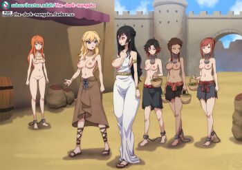 barefoot basket black_hair blonde_hair blue_eyes breasts brown_eyes brown_hair collar completely_nude crossover cuffs dark-skinned_female dark_skin full_body grey_eyes hair_bun hino_hinata kairi_(kingdom_hearts) kingdom_hearts large_breasts long_hair medium_breasts mirai_nikki nipples nude one_breast_out orange_hair outdoors price_tag red_eyes red_hair ruby_rose rwby sandals shackles short_hair sign sign_around_neck slave slave_clothes slave_market standing the_dark_mangaka toga topless_female walking