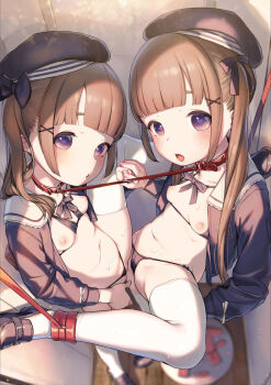 2girls bdsm beret bikini bikini_under_clothes black_bikini black_footwear black_ribbon blush bondage bondage_cuffs bound bound_leg breasts brown_hair cameltoe collar expressionless female_focus hair_ornament hair_ribbon hat heart heart-shaped_pupils henreader highres holding_hands indoors leash leg_up light loafers loli long_hair long_sleeves looking_at_viewer micro_bikini multiple_girls navel neck_ribbon nipples no_pants non-web_source open_clothes open_mouth open_shirt original purple_eyes red_collar ribbon sailor_collar shoes slave small_breasts sweat swimsuit symbol-shaped_pupils thighhighs twintails white_thighhighs x_hair_ornament