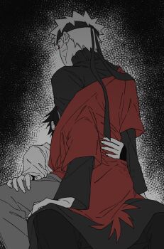 2boys black_background black_hair black_jacket black_pants blonde_hair facial_mark grey_pants hand_on_another&#039;s_waist haruiro_(hrm_ino) highres jacket male_focus monochrome multiple_boys naruto_(series) naruto_shippuuden pants short_hair spiked_hair straddling uchiha_sasuke upper_body uzumaki_naruto whisker_markings yaoi