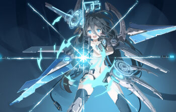 1girl absurdres android aris_(armed)_(blue_archive) aris_(blue_archive) arm_mounted_weapon armored_boots black_hair blue_archive blue_eyes blue_halo blue_thighhighs boots chigalidepoi chinese_commentary commentary_request completely_nude firing firing_at_viewer flat_chest hair_between_eyes halo hand_on_own_arm highres loli long_hair mecha_musume mechabare mechanical_legs navel nude official_alternate_costume official_alternate_hairstyle open_mouth robot solo thighhighs twintails very_long_hair