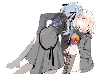 2girls bang_dream! bang_dream!_it&#039;s_mygo!!!!! black_boots black_ribbon black_shirt blonde_hair blue_hair blush boots chinese_commentary commentary_request grey_jacket grey_skirt hair_ribbon highres hood hood_down hooded_jacket implied_fingering jacket knee_boots long_hair medium_hair misumi_uika multiple_girls open_clothes open_jacket open_mouth purple_eyes ribbon sen_jin_chen shirt sidelocks simple_background skirt sweat togawa_sakiko white_background yuri