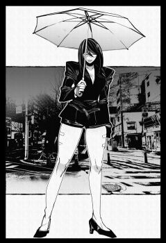 1girl :p bandaid_on_thigh black_border black_jacket border breasts cleavage full_body hachinuki_tessei hair_between_eyes holding holding_umbrella jacket jimiko jitome looking_at_viewer medium_hair mob_face moire original she_(hachinuki_tetsuyo) short_shorts shorts solo tongue tongue_out umbrella