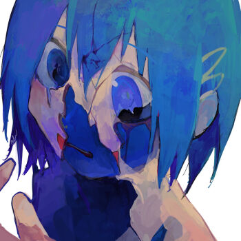 1girl blue_eyes blue_hair blue_skin colored_skin cracked_skin ecdysis hair_between_eyes hair_ornament looking_afar mahou_shoujo_madoka_magica mahou_shoujo_madoka_magica_(anime) miki_sayaka parted_lips pinosan shedding short_hair simple_background solo white_background