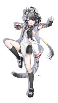 1girl absurdres ahoge animal_ears arknights arknights:_endfield artist_name black_gloves black_shoes black_shorts black_socks blue_eyes chinese_commentary commentary_request drop_shadow extra_ears eyepatch fingerless_gloves full_body gloves hair_ornament highres looking_at_viewer nori6272210 open_mouth shirt shoes short_sleeves shorts simple_background socks solo standing standing_on_one_leg tail tangtang_(arknights) tiger_ears tiger_girl tiger_tail white_background white_shirt