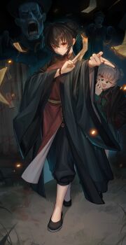 2girls :p absurdres baggy_pants bead_bracelet bead_necklace beads black_coat black_hair black_pants bracelet bun_cover china_dress chinese_clothes coat coin crossed_legs double_bun dress earrings full_body glasses grass green_dress hair_bun highres holding holding_ofuda holed_coin jewelry jiangshi kuji-in long_sleeves making_faces mole mole_under_eye multiple_girls nail_polish necklace ofuda one_eye_closed open_clothes open_coat original pants pelvic_curtain pince-nez red_dress red_eyes red_nails ring rope_belt tongue tongue_out wangmou_zilaojuan watson_cross white_hair wide_sleeves