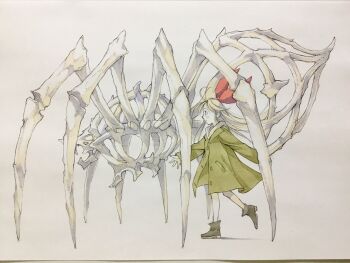 1girl animal_skeleton black_boots boots bow bug closed_mouth coat commentary_request from_side giant_skeleton green_coat hair_bow highres hood hood_down hoodie huge_bow long_hair long_sleeves original oversized_bug oversized_spider peter_salt red_bow skeleton sleeves_past_wrists spider traditional_media walking white_background white_hoodie