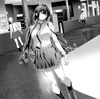 1boy 2girls breasts buttons closed_mouth collared_shirt getabako greyscale hair_ribbon haite_kudasai_takamine-san hiiragi_yuuichi large_breasts long_hair long_sleeves monochrome multiple_girls necktie pleated_skirt ribbon roller_skates school_uniform shadow shirt skates skirt socks takamine_takane