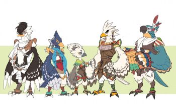 5boys accordion beak bird_boy body_fur father_and_son furry furry_male highres hyrule_warriors:_age_of_imprisonment instrument kass multiple_boys nintendo pompadour raphica_(zelda) redlhzz revali rito standing talons teba_(zelda) the_legend_of_zelda the_legend_of_zelda:_breath_of_the_wild the_legend_of_zelda:_tears_of_the_kingdom time_paradox tulin_(zelda) winged_arms wings