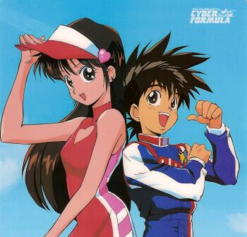 1boy 1girl black_eyes black_hair brown_eyes brown_hair copyright_name cowboy_shot day future_gpx_cyber_formula kazami_hayato long_hair non-web_source official_art open_mouth pantyhose photoshop_(medium) racing_suit short_hair sky source_request standing sugou_asuka teeth upper_teeth_only visor_cap