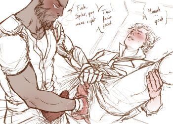 beard cowboy_bebop cowboy_bebop_(netflix) dark-skinned_male dark_skin erection facial_hair fisting highres jet_black penis spike_spiegel spread_legs yaoi