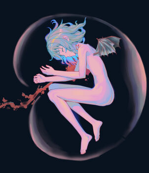 1girl absurdres amniotic_sac ass barefoot bat_wings bite_mark bite_mark_on_neck black_background bleeding blood blood_trail blue_hair breasts closed_eyes closed_mouth commentary_request fetal_position from_above from_side full_body highres medium_hair nude pastel_colors remilia_scarlet small_breasts solo touhou umbilical_cord wings youpofen