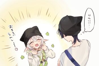 1boy 1girl alternate_costume alternate_height animal_ear_headwear beanie black_hat blunt_ends blush braid casual clenched_hands closed_eyes commentary_request contemporary couple crew_neck eyelashes facing_another fake_animal_ears fingernails genshin_impact green_hair hair_between_eyes hair_over_shoulder hand_on_own_arm hands_up hat height_difference hetero long_hair long_sleeves looking_at_another multicolored_hair nahida_(genshin_impact) onigiri_po_0205 open_mouth pointy_ears purple_hair scaramouche_(genshin_impact) shirt speech_bubble streaked_hair translation_request twin_braids white_background white_hair white_shirt white_sleeves