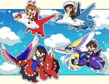 2boys 2girls :d ;d aqua_eyes arm_up backpack bag black_bag black_pants black_sclera black_shoes black_socks blonde_hair blue_outline blue_sky blush bracelet braid breast_pocket brendan_(pokemon) bright_pupils brown_bag brown_hair chibi clenched_hand closed_mouth cloud collared_shirt colored_sclera commentary_request day dot_nose eyelashes fanny_pack florian_(pokemon) flying gen_3_pokemon grey_eyes grey_shirt hair_ribbon hairband hat highres jewelry juliana_(pokemon) koraidon latias legendary_pokemon long_hair may_(pokemon) mega_ring multiple_boys multiple_girls naranja_academy_school_uniform necktie nintendo no_sclera non-humanoid_robot one_eye_closed open_mouth orange_eyes orange_necktie orange_shorts outline pants pocket pokemon pokemon_(creature) pokemon_oras pokemon_sv purple_necktie purple_shorts red_eyes red_hairband red_ribbon red_shirt ribbon riding riding_pokemon rii_(pixiv11152329) robot school_uniform shirt shoes short_hair short_sleeves shorts side_braid single_braid sky sleeveless sleeveless_shirt smile socks teeth uva_academy_school_uniform white_hat white_outline white_pupils white_shirt white_socks yellow_sclera