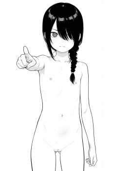 1girl @_@ adavongaerda blush braid chainsaw_man completely_nude female_focus flat_chest greyscale hair_over_one_eye highres loli long_hair looking_at_viewer monochrome navel nayuta_(chainsaw_man) nipples nude pussy sketch solo standing stomach thighs