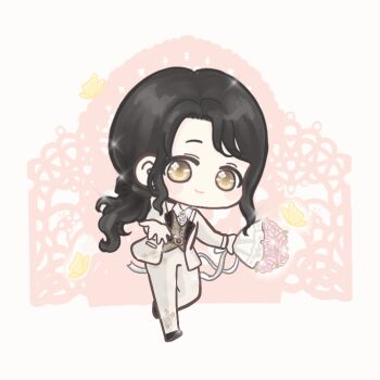 1girl animated animated_gif belt belt_buckle black_belt black_hair black_shoes blazer blinking blush_stickers bouquet brooch brown_eyes buckle bug butterfly chibi closed_mouth collared_jacket collared_shirt crossdressing crossdressing_(ftm) dress_pants dress_shoes flower flower_brooch formal_clothes gate gold_buckle grey_jacket grey_pants grey_suit grey_vest groom happy holding holding_bouquet insect jacket jewelry lapels layered_sleeves long_hair long_sleeves looking_at_viewer looping_animation low_ponytail nikki_(series) notched_lapels open_clothes open_jacket outstretched_hand pants pink_flower pink_rose pocket ponytail print_pants romantic_visit_(shining_nikki) rose shining_nikki shirt shoes sidelocks smile solo sparkle suit tareme tuxedo very_long_hair vest wavy_hair white_background white_flower white_rose white_shirt xiaoyu_qixing yellow_butterfly