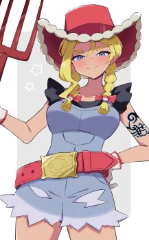1girl absurdres arm_tattoo belt black_shirt blonde_hair blue_eyes blue_overalls blush braid breasts closed_mouth cowboy_hat denim denim_overalls farmer freckles gloves hat highres holding holding_pitchfork kitt_(pokemon) large_breasts long_hair looking_at_viewer nintendo overall_shorts overalls pitchfork piyo_to_game pokemon pokemon_champions red_belt red_hat shirt smile solo star_(symbol) tattoo twin_braids white_gloves