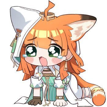 Rule 34 | 1girl, all fours, animal ears, arknights, chibi, commentary, fang, gloves, green eyes, highres, meme, open mouth, orange hair, papyrus (arknights), skin fang, solo, speakiposting (meme), tail, th3cr0ma, wavy eyes
