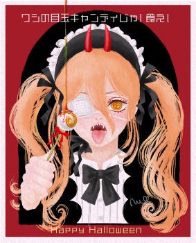 1girl alternate_costume black_bow black_bowtie black_headdress blonde_hair bow bowtie candy chainsaw_man commentary_request cross-shaped_pupils demon_girl demon_horns eyepatch food happy_halloween highres hiyo_mimo holding holding_candy holding_food holding_lollipop horns lollipop long_hair looking_at_viewer medical_eyepatch open_mouth power_(chainsaw_man) red_horns sharp_teeth shirt solo symbol-shaped_pupils teeth tongue tongue_out translation_request twintails white_shirt yellow_eyes